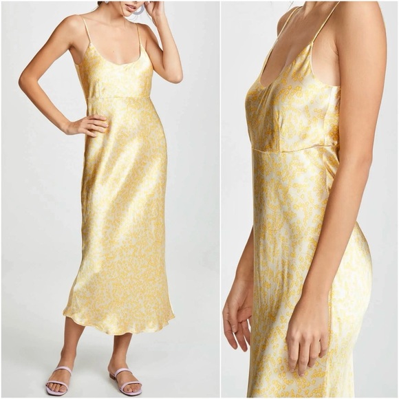 Ganni Dresses & Skirts - NWT GANNI Yellow Floral Satin Scoop-Neck Sleeveless Midi Slip Dress